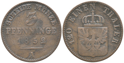 ПРУССИЯ 3 ПФЕННИГА 1852 А, ФРИДРИХ ВИЛЬГЕЛЬМ IV (1840-1861) KM 453 медь 73-1356