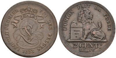 Бельгия 2 сантима 1833 Belges KM 4.1 медь 443-1513