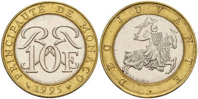 Монако 10 франков 1995 Ренье III (1949-2005) KM 163 биметалл    4601-831
