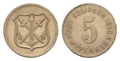 Золинген 5 пфеннигов 1919 Funck 508.3, Men05 23636.4, Men18 29571.4 железо 4659-239