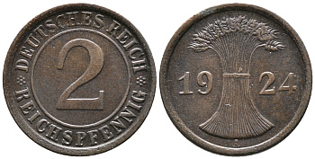 ГЕРМАНИЯ 2 РЕЙХСПФЕННИГА 1924 A KM 38, J. 314 бронза 24-716