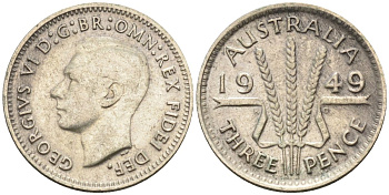 Австралия 3 пенса 1949 KG, Георг VI (1937-1952) KM 44 серебро 4585-259