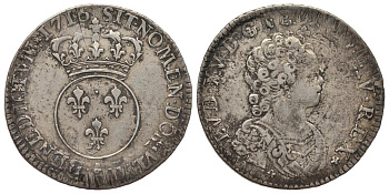 Франция 30 солей - 1/4 экю 1716 А, Людовик XV, KM 419.1 (C18.1) серебро 00-815-76