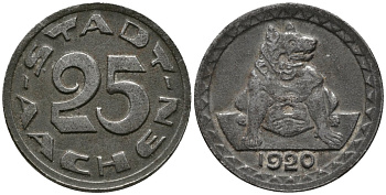 Германия. Аахен 25 пфеннигов 1920 собака, нотгельд железо 4577-522