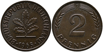 ФРГ 2 пфеннига 1965 D KM 106, J.381 бронза 99-143