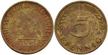 ФРГ 5 пфеннигов 1970 F J.382, KM 107 сталь плакированная латунью    4598-945