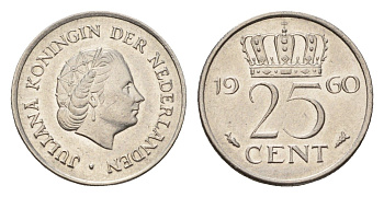Нидерланды 25 центов 1960 Юлиана (1948-1980) KM 183 никель 4658-821