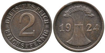 ГЕРМАНИЯ 2 РЕЙХСПФЕННИГА 1924 A KM 38, J. 314 бронза 24-716