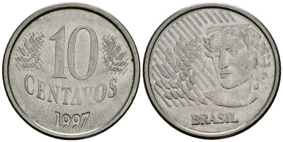 Бразилия 10 сентаво 1997 голова свободы KM 633 нержавеющая сталь 4167-253
