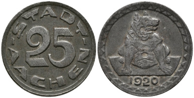 Германия. Аахен 25 пфеннигов 1920 собака, нотгельд железо 4577-522