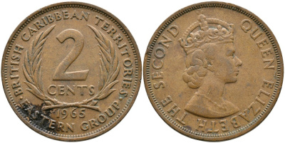Британские Восточно-Карибские территории 2 цента 1965 Елизавета II (1952-2022) KM 3 бронза 4531-1246