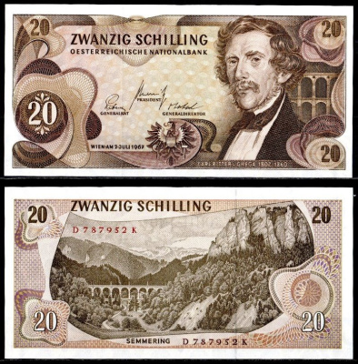 Австрия 20 шиллингов 1967 Pick 142 a (1) бумага UNC (пресс) 7457-20-1-2