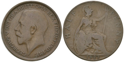Великобритания 1/2 пенни 1923 Георг V (1910-1936) KM 809, Spink 4056 бронза 4163-1015