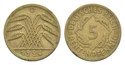 Германия 5 рентенпфеннигов 1924 D KM 32, J. 308 алюминиевая бронза 4644-1128
