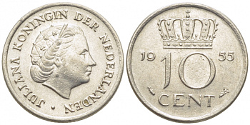 Нидерланды 10 центов 1955 Юлиана (1949-1980) KM 182 никель 112-221