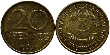ГДР 20 пфеннигов 1969 А, первый год KM 11 латунь UNC 4395-1135