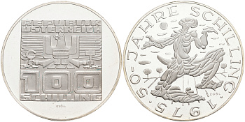 Австрия 100 шиллингов 1975 50 лет Австрийскому шиллингу KM 2925 серебро PROOF 02-252-14