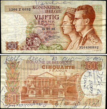 Бельгия 50 франков 1966 Король Боуэн и королева Фабиола, Kestens Pick 139 (3) бумага 7221-19-2-1