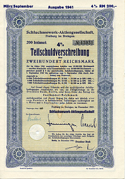 Германия 200 рейхсмарок 1941 АО Schluchseewerk (оператор 5 ГЭС), Фрайбург-им-Брайсгау, 4% -ное частичное обязательство   бумага  8804-79-1