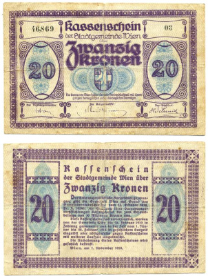 Австрия, Вена 20 крон 1918 1 октября 1918, нотгельд Ri.29b бумага 7198-1-1