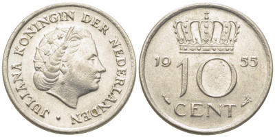 Нидерланды 10 центов 1955 Юлиана (1949-1980) KM 182 никель 112-221