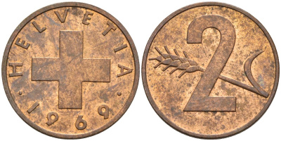 Швейцария 2 раппена 1969 KM 47 бронза 4592-556