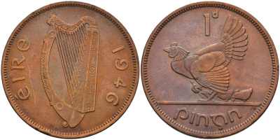 Ирландия 1 пенни 1946 курица с цыплятами KM 11 бронза 4367-1221