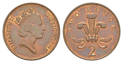 Великобритания 2 пенса 1988 Елизавета II (1952-2022) KM 936, Spink 4376 (C3) бронза 4633-823