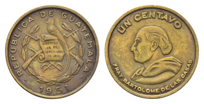 Гватемала 1 сентаво 1951 Бартоломео де лас Касас KM 254 латунь 4668-739