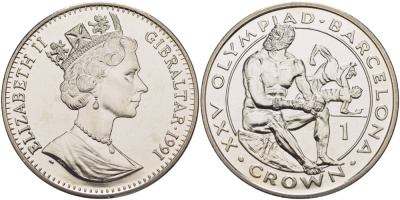 Гибралтар 1 крона 1991 XXV Олимпийские игры 1992 года в Барселоне, бокс KM 71 медно-никель UNC 1084-8-51