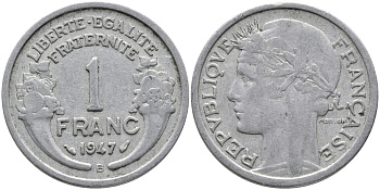 ФРАНЦИЯ 1 ФРАНК 1947 В KM 885а.2 алюминий 65-1024