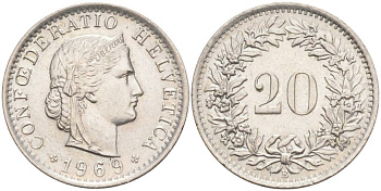 Швейцария 20 раппенов 1969 В KM 29а медно-никель 55-921