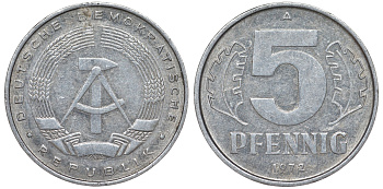 ГДР 5 пфеннигов 1972 A KM 9.1 алюминий 62-246