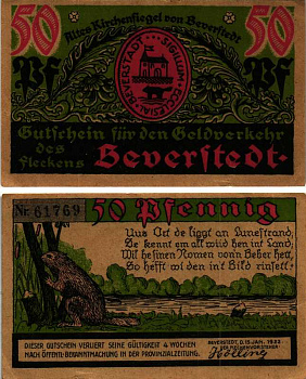 БЕВЕРШТЕДТ 50 ПФЕННИГОВ 1922 15 ЯНВАРЯ 1922, НОТГЕЛЬД, БОБЁР, КОММУНА В ГЕРМАНИИ В ЗЕМЛЕ НИЖНЯЯ САКСОНИЯ Keller 98.1 бумага 6318-9-2-1