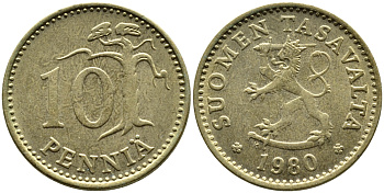 ФИНЛЯНДИЯ 10 ПЕННИ 1980 К KM 46 алюминиевая бронза 4391-1121