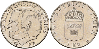 Швеция 1 крона 1977 U Карл XVI Густав (1973- ) KM 852 медь плакированная медно-никелем 4161-642