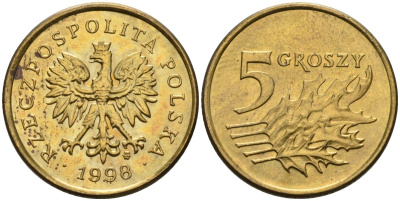 Польша 5 грошей 1998 MW KM 278, Parchimowicz 703e латунь 4580-552