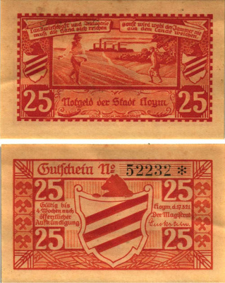 ХОЙМ 25 ПФЕННИГОВ 1921 НОТГЕЛЬД, 17 МАЯ 1921, ЗЕМЛЯ САКСОНИЯ АНХАЛЬТ Grabowski 634.2 бумага 8608-12-1-2