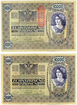 АВСТРИЯ 10000 КРОН 1919 ВЕНА, 2 НОЯБРЯ 1918, КРАСНАЯ ВЕРТИКАЛЬНАЯ НАДПЕЧАТКА Pick 64 бумага XF 8607-56-1