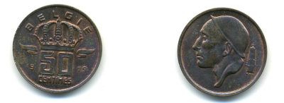 БЕЛЬГИЯ 50 САНТИМОВ 1966 BELGIQUE KM 148.1 бронза 80-936