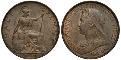 Великобритания 1/2 пенни 1901 Виктория (1837-1901) KM 789, Spink 3962 бронза 441-1541