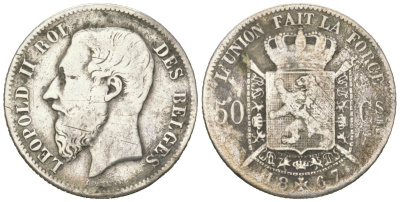 Бельгия 50 сантимов 1867 Леопольд II (1865-1909) KM 26 серебро 63-653