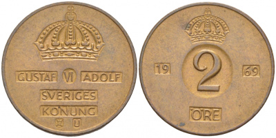 Швеция 2 эре 1969 U Густав VI Адольф (1950-1973) KM 821 бронза 112-1034