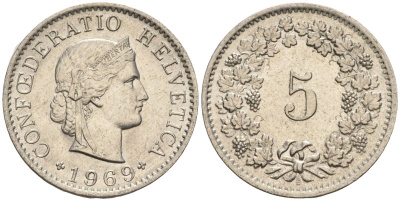 Швейцария 5 раппенов 1969 B KM 26 медно-никель 4608-459