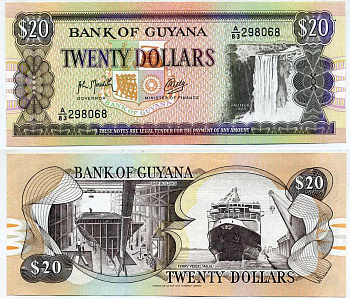 Гайана 20 долларов ND (1989) водопад Кайетур, судостроение, паромное судно "Малали"  Pick 27 (2) бумага UNC (пресс) 6301-6-2