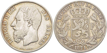 Бельгия 5 франков 1871 Леопольд II (1865-1909) KM 24 серебро 4184-622