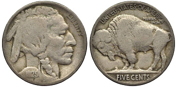 США 5 ЦЕНТОВ 1925 ИНДЕЕЦ, БИЗОН KM 134 медно-никель 27-625