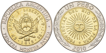 Аргентина 1 песо 2010 E, майское солнце, 8 эскудо 1813 KM 112.1, CJ 6.17, Schon 113 биметалл    60-837