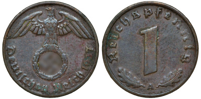 ГЕРМАНИЯ 1 РЕЙХСПФЕННИГ 1937 A J 361, KM 89 бронза 72-1616