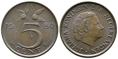 Нидерланды 5 центов 1980 Юлиана (1948-1980) KM 181 бронза 4175-752
